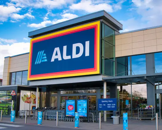 The front logo of a branch of discount retailer Aldi